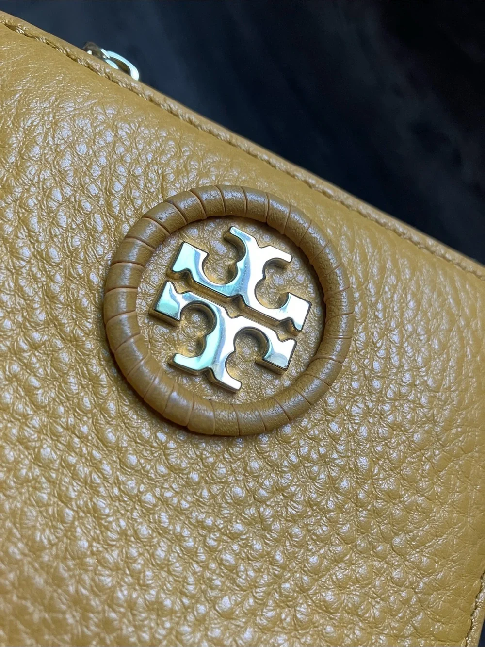 Tory Burch Pebbled Leather Zip Card Case in Mustard